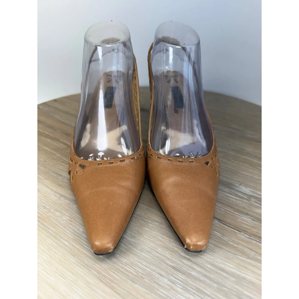 Style & Co 7.5 Slingback Kitten Heels Celeste Tan Leather Perforated Pointed Toe